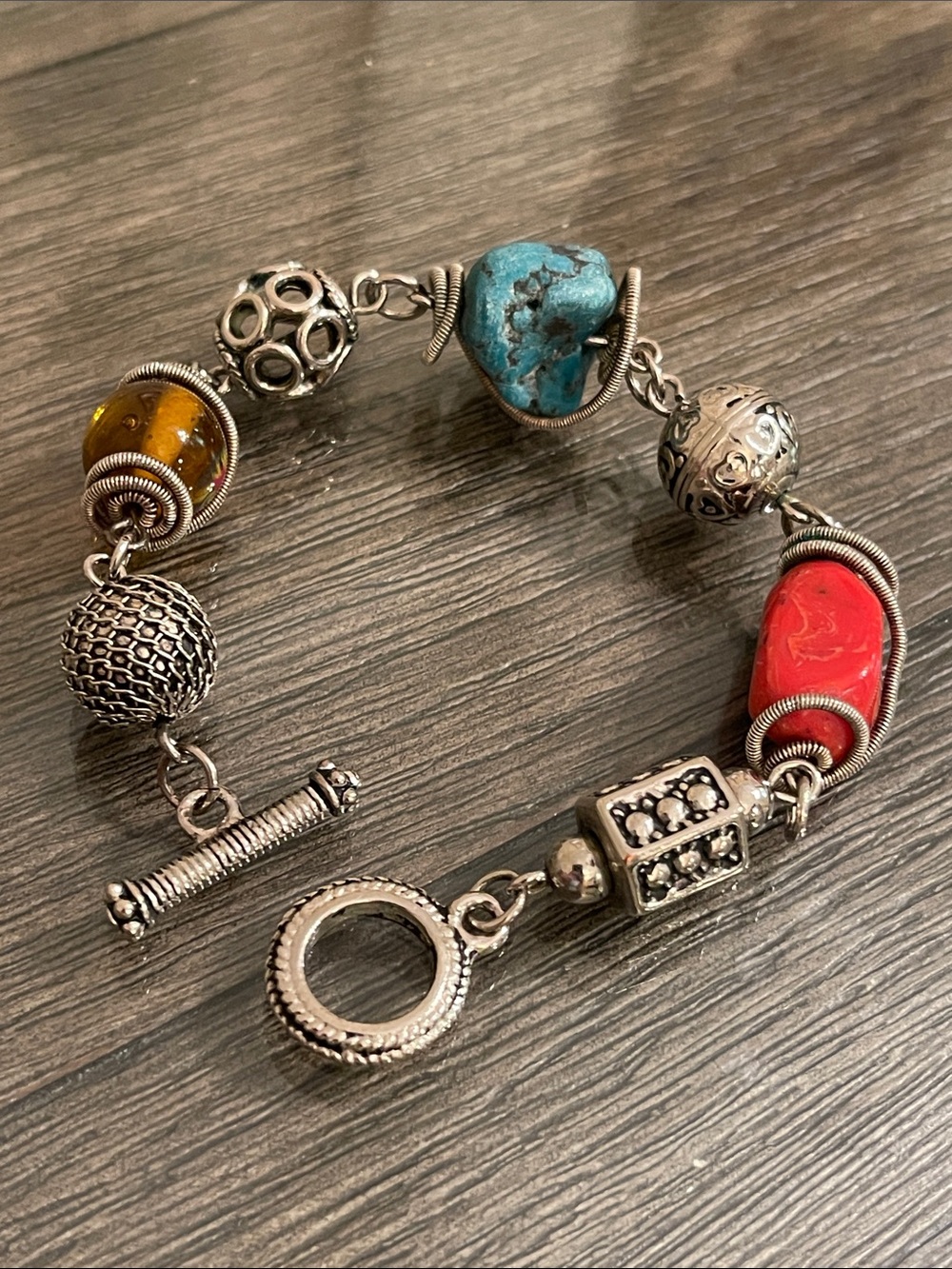 Stunning Artisan-Style Multi-Media Toggle Bracelet - Antique Silver-tone